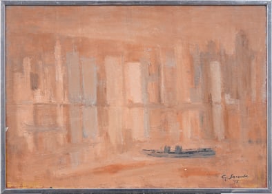 "East River Sunrise" Large Vintage American Modernist Abstract Cityscape Framed Oil Painting