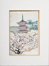 Pagoda of Ninnaji Temple Japanese Woodblock Print by Asada Tangyu Benji Framed Print