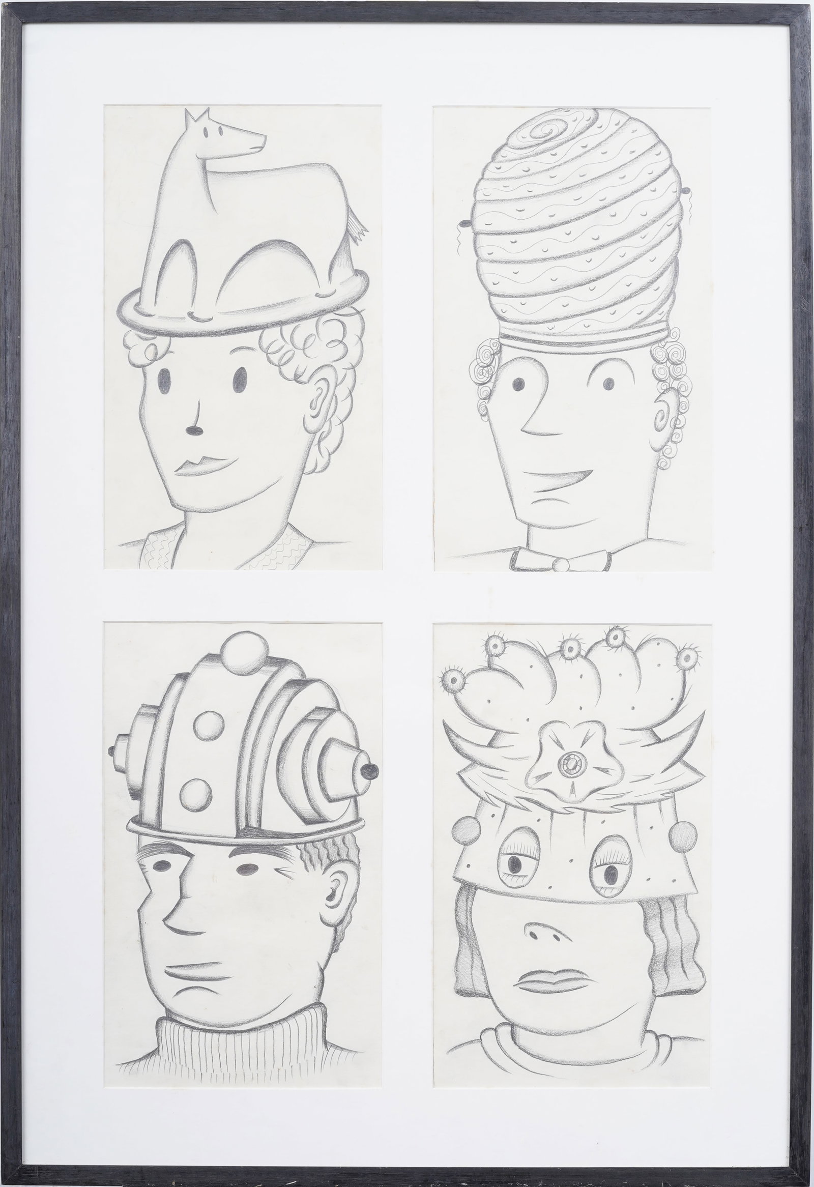 Vintage Surrreal Modernist Framed Portrait Drawings: Vintage drawings. Framed. Measuring: 34 by 23 inches overall, and 14 by 8 painting alone. Please see all images for condition. Size is measured and written on the back of the painting. The first size 