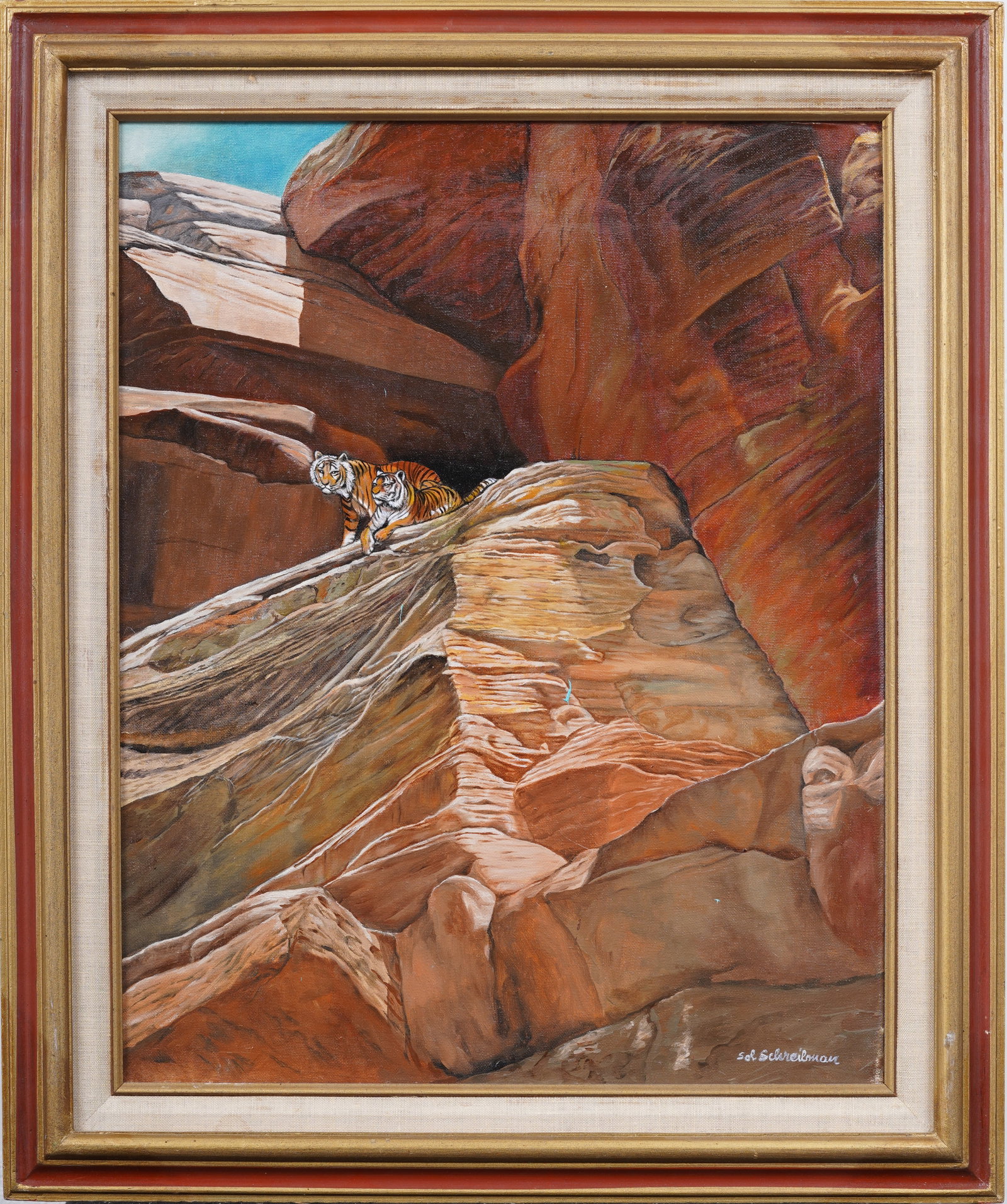Vintage American School Signed Tigers in a Canyon Framed Original Oil Painting: Vintage American school oil painting. Oil on canvasboard. Signed. Framed. Measuring: 24 by 30 inches overall, and 20 by 16 painting alone. Please see all images for condition. Size is measured and wri