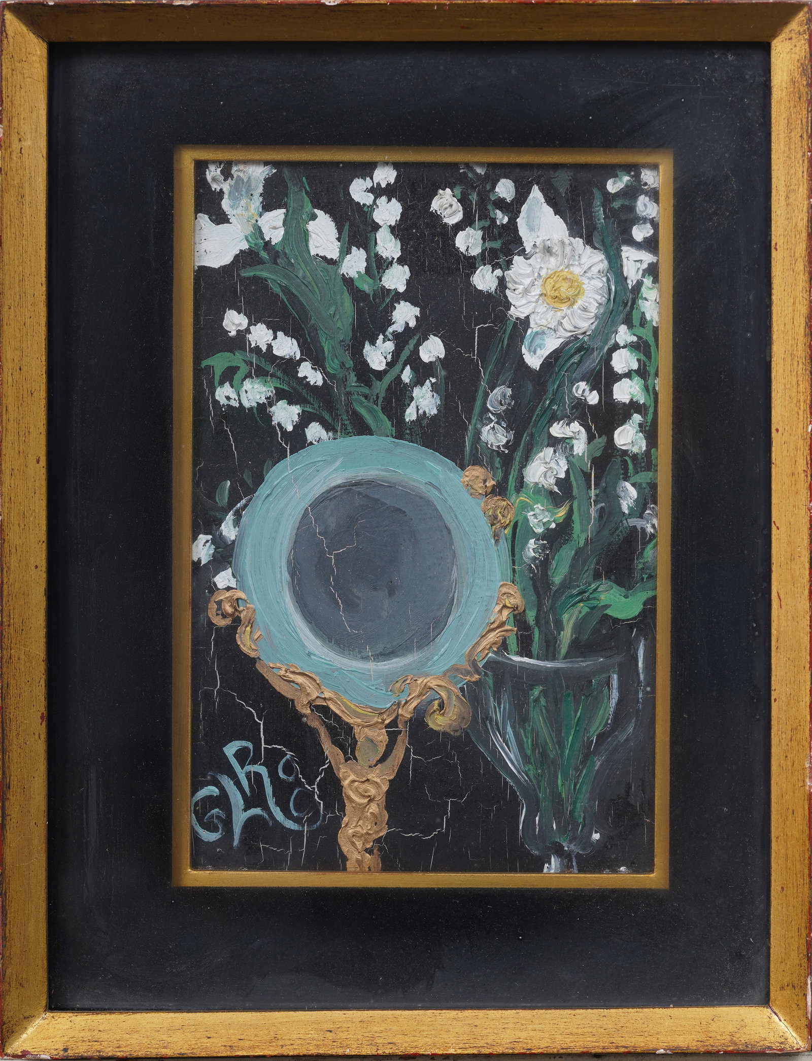Gladys Robinson (1895 - 1971) Signed Modernist Flower Still Life Painting: Vintage American still life oil painting. Oil on canvas. Signed. Framed. Measuring: 12 by 10 inches overall, and 9 by 6 painting alone. Please see all images for condition. Size is measured and writte