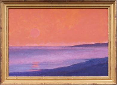 Vintage American Modernist Sunset Seascape Beach Scene Gold Leaf Frame Original Oil Painting