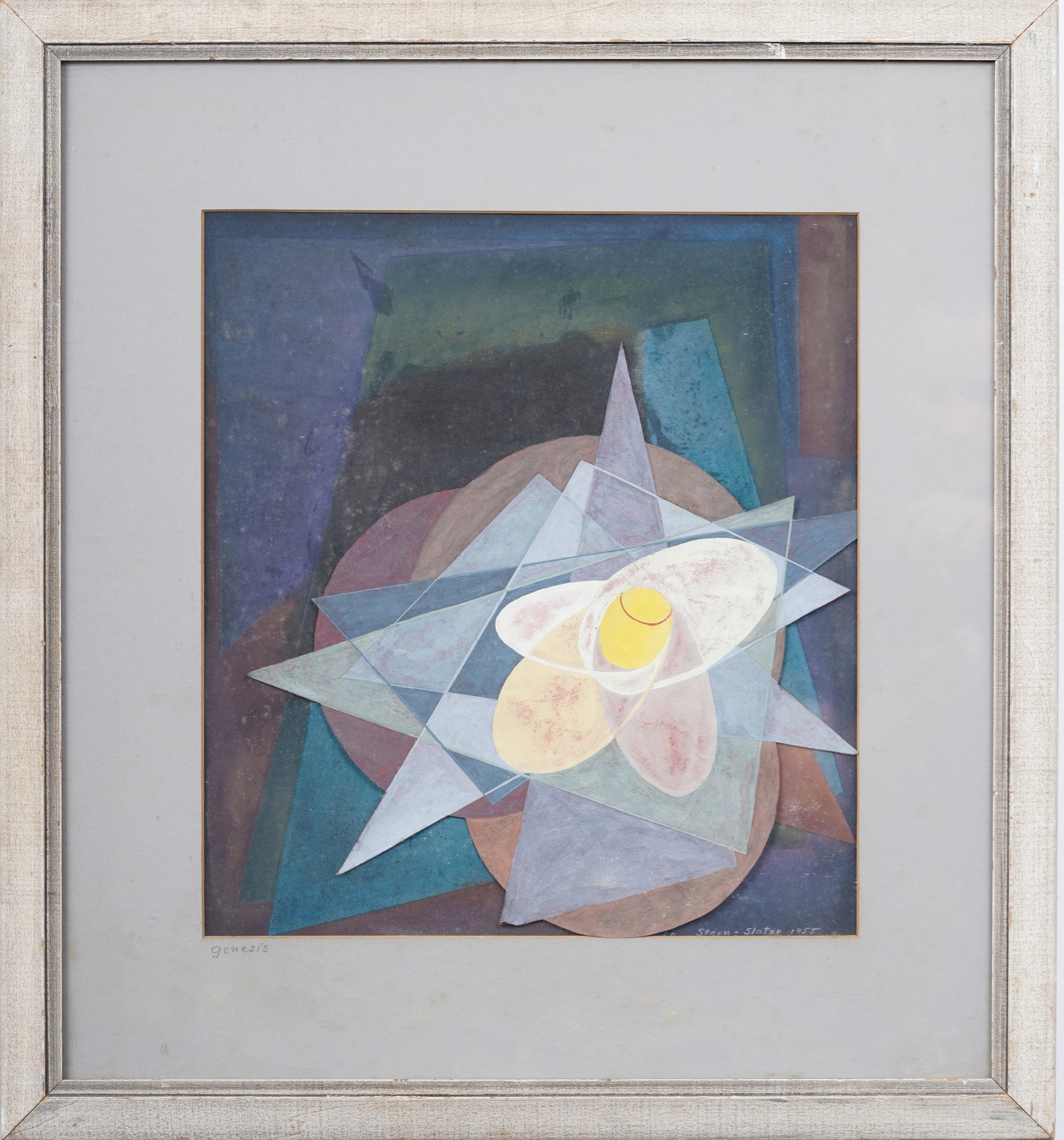 Vintage Signed Stern-Slater 1955 American Modernist Cubist Abstract Framed Original Painting: Vintage American cubist painting. Tempera and pastel on board. Signed. Framed. Measuring: 23 by 22 inches overall, and 14 by 13 painting alone. Please see all images for condition. Size is measured an