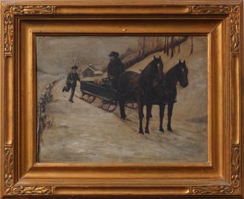 Antique American School Nicely Framed (12x16) Winter Landscape Horse Carriage Original Oil Painting