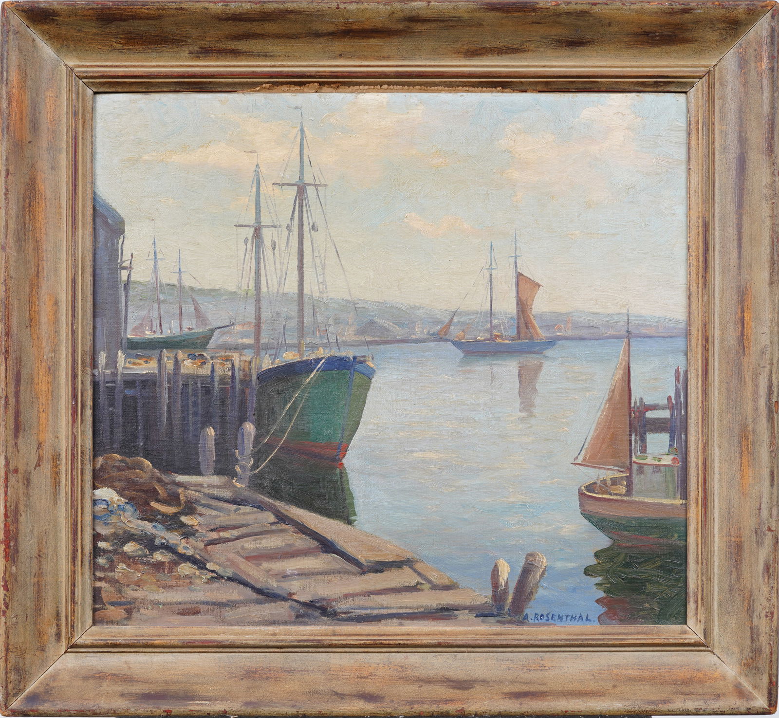 Abraham Rosenthal (1886-1963) Antique American Impressionist Long Island Fishing Harbor Oil Painting (1 of 6)