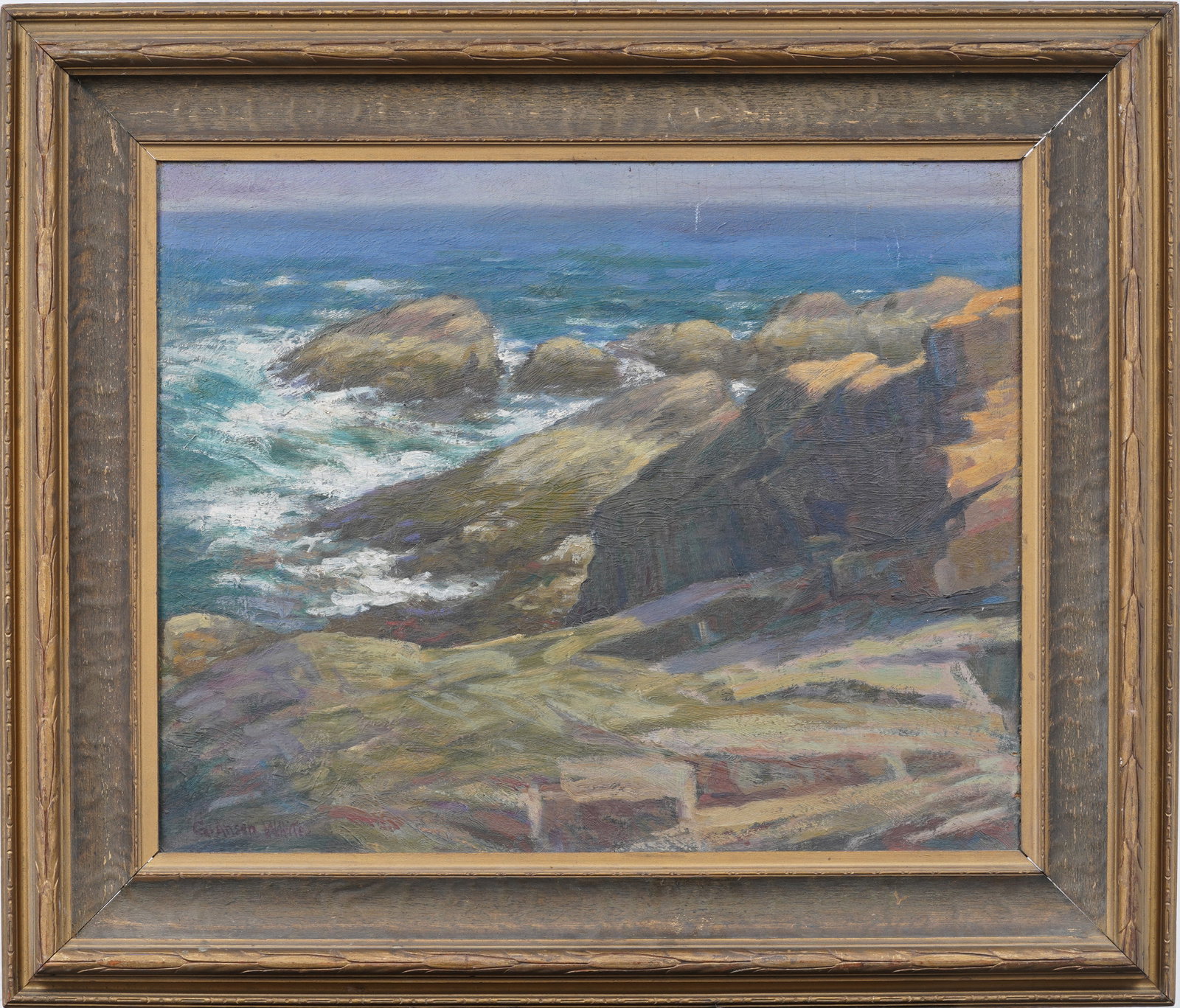 Signed Antique American Impressionist "G. Ansen White" Exhibited Seascape Framed Oil Painting: Antique American impressionist oil painting. Oil on board. Signed. Framed. Measuring: 23 by 27 inches overall, and 16 by 20 painting alone. Please see all images for condition. Size is measured and wr
