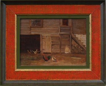 William T. Robinson (1852-1934) Antique American Bucolic Barn Scene Chickens Grazing Oil Painting