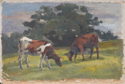 Edwin Graves Champney (1842-1899) Antique American Cow Grazing Landscape Original Oil Painting