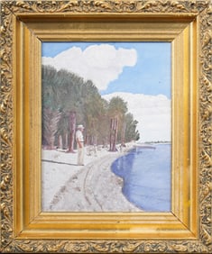 Vintage American Impressionist Tropical Florida Beach Scene Framed Original Oil Painting