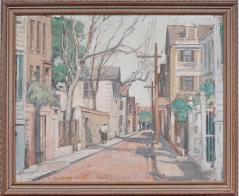 George G. Bassett (Born 1870 Antique American Impressionist Street Scene Original Oil Painting