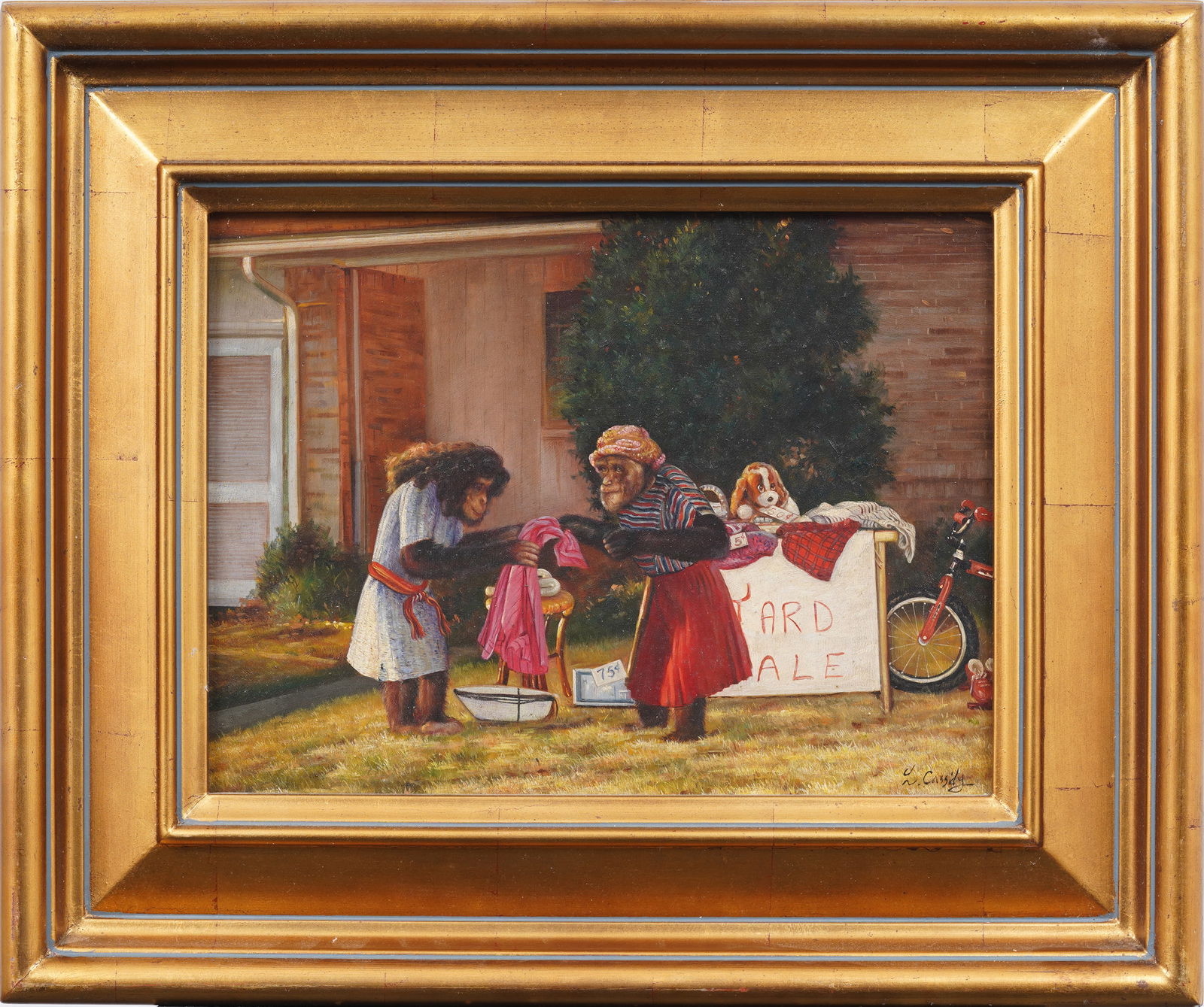 Vintage American School Anthropomorphic Monkey Yard Sale Framed Signed Portrait Painting (1 of 7)