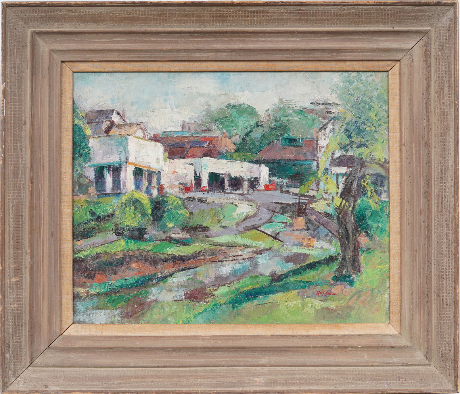 Signed "Hoffman" Vintage American School Framed Modernist Landscape Original Oil Painting: Antique American landscape oil painting. Oil on canvas. Signed. Framed. Measuring: 24 by 28 inches overall, and 16 by 20 painting alone. Please see all images for condition. Size is measured and writt