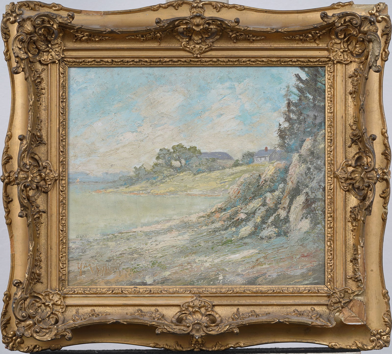 Signed 1915 Antique American School Impressionist Coastal Framed Landscape Original Oil Painting (1 of 8)