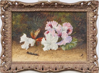 Antique English Realist Lillie Flower Framed Still Life Monogrammed Oil Painting