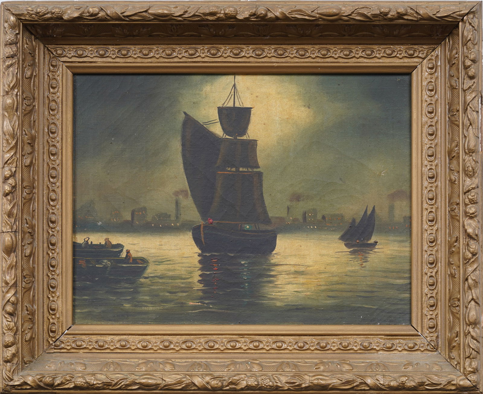 Antique American New York Harbor Nocturnal Framed Seascape with City Lights Oil Painting (1 of 7)