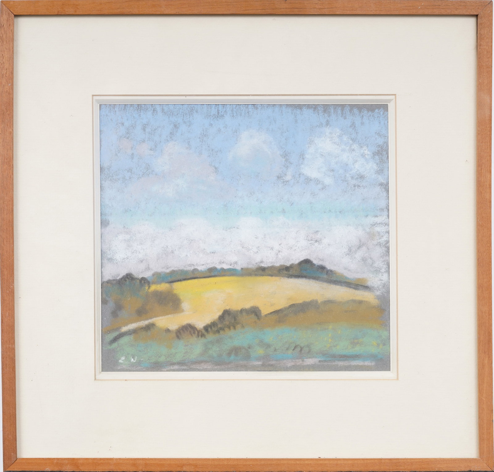 Vintage American School Modernist Landscape Framed Original Signed Painting: Vintage pastel painting. Signed. Framed. Measuring: 16 by 17 inches overall, and 10 by 10 painting alone. Please see all images for condition. Size is measured and written on the back of the painting.