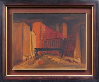 Ervin Nussbaum (1914 - 1996) Signed New York City Street Scene Framed Modernist Oil Painting