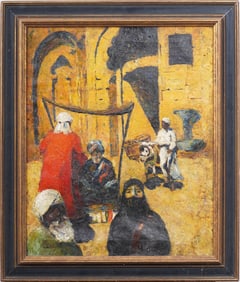 Antique Orientalist Modernist Street Scene Figural Framed Oil Painting
