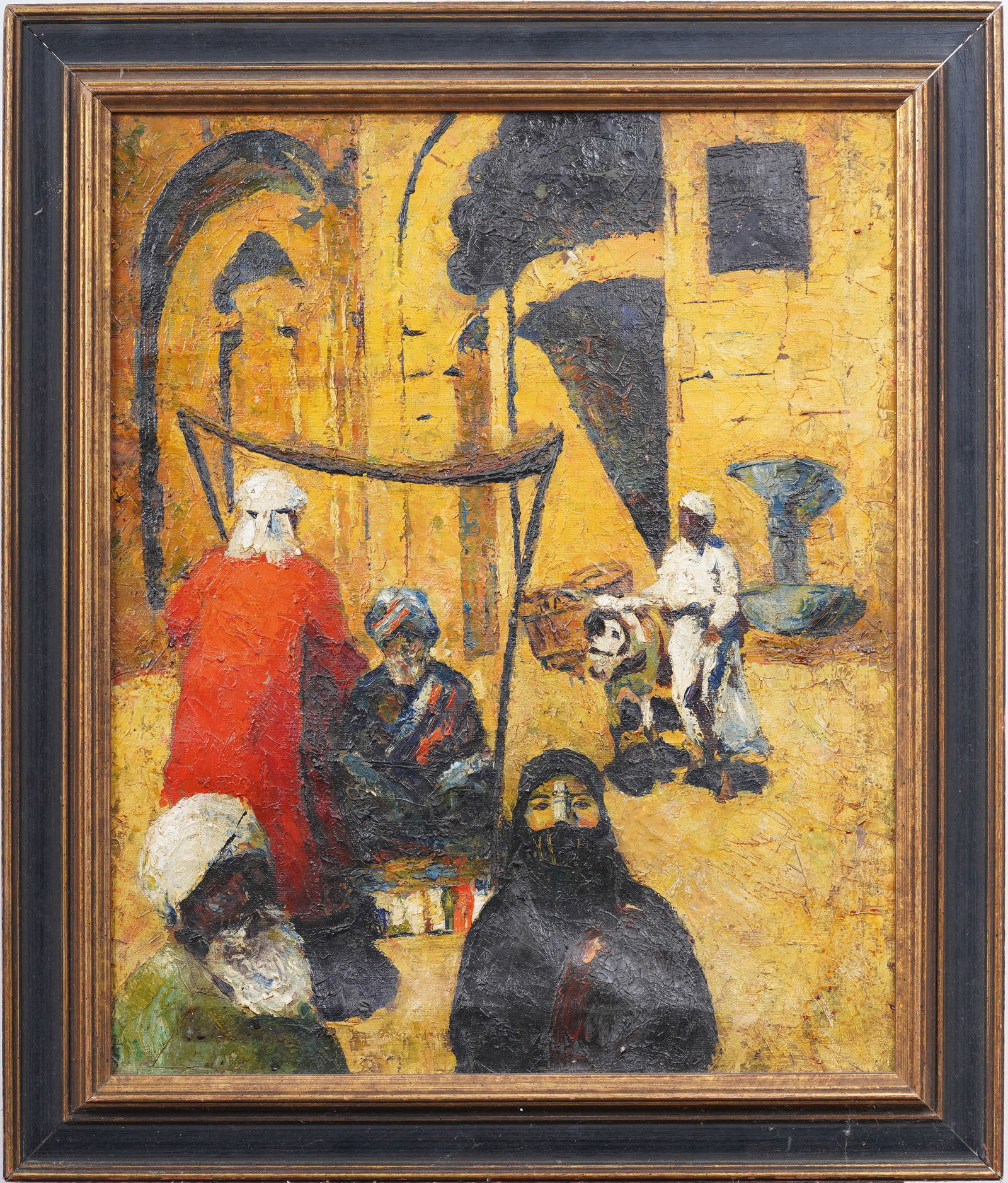 Antique Orientalist Modernist Street Scene Figural Framed Oil Painting (1 of 6)