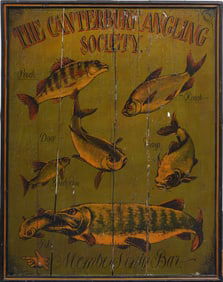 Vintage English Fishing Sign "The Canterbury Angling Society" Sporting Art Oil Painting