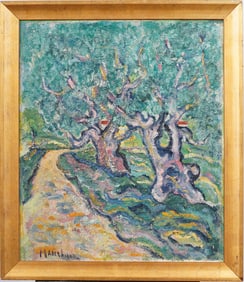 Vintage American or European Post Impressionist Framed Olive Farm Landscape Signed Oil Painting
