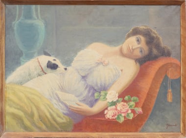 Antique American School Signed Woman and Dog Interior Scene Framed Portrait Oil Painting
