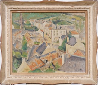 Antique American Signed Exhibited Modernist Town View Landscape Framed Original Oil Painting