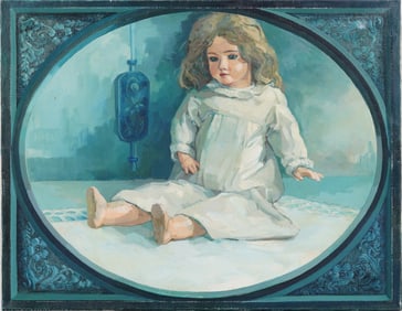 Vintage Signed American or European Doll Portrait Interior Scene Original Oil Painting
