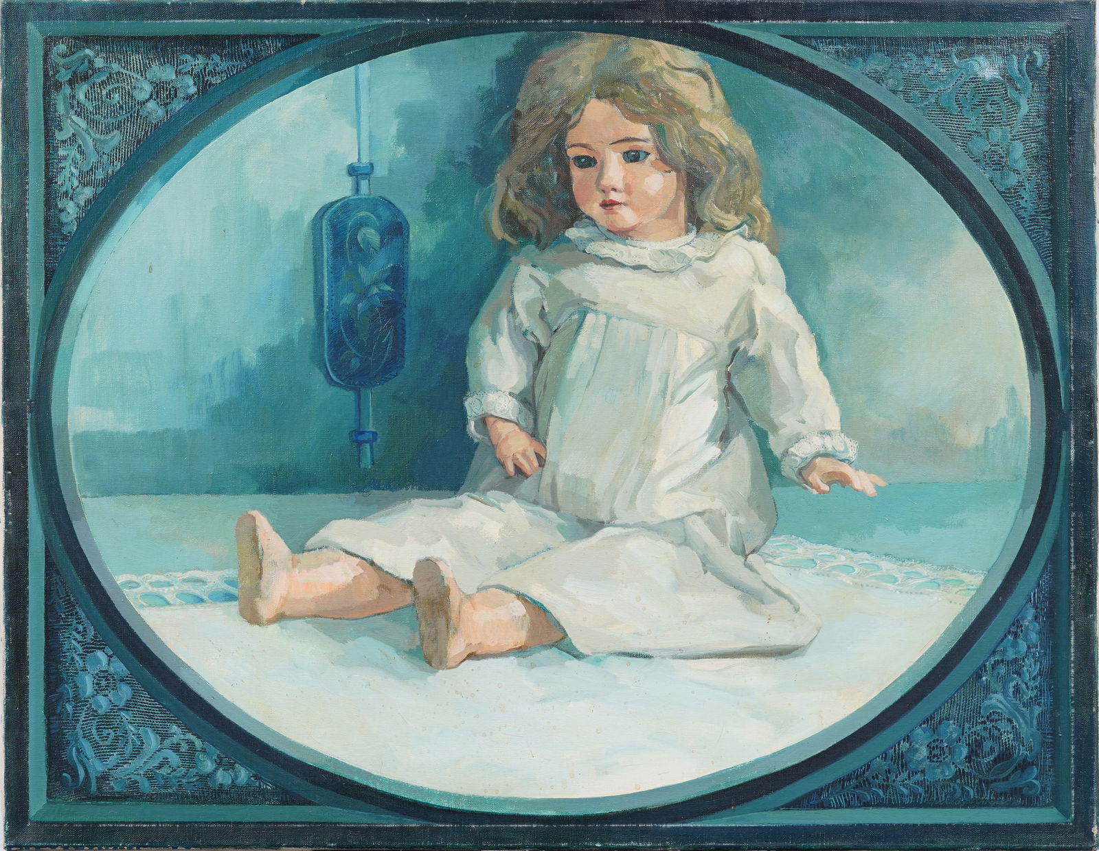 Vintage Signed American or European Doll Portrait Interior Scene Original Oil Painting: Vintage doll portrait oil painting. Oil on canvas. Signed verso. Measuring: 28 by 36 inches overall. Please see all images for condition. Size is measured and written on the back of the painting. The