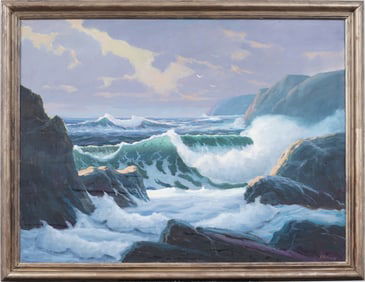 George Holloway Large Vintage American Impressionist Crashing Surf Framed Seascape Oil Painting