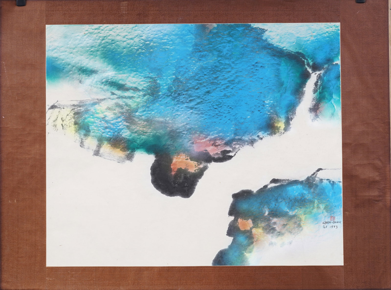 Chien Chung Signed Chinese Modernist Abstract Signed Painting: Vintage Chinese modernist painting. Mixed media on paper. Signed. Framed. Measuring: 36 by 43 inches overall, and 30 by 36 painting alone. Please see all images for condition. Size is measured and wri