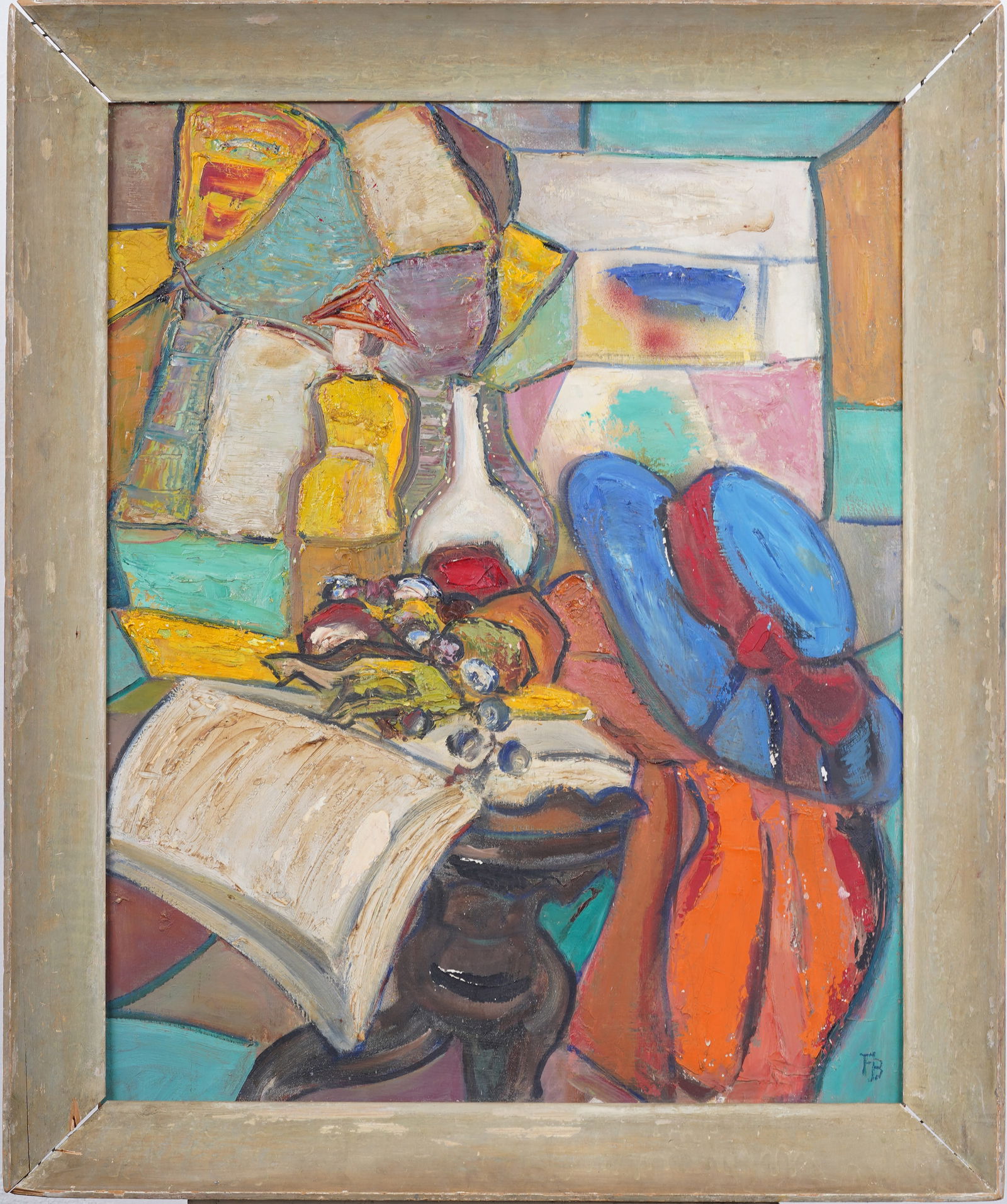 Large Vintage American School Monogrammed Cubist Still Life Original Oil Painting (1 of 7)