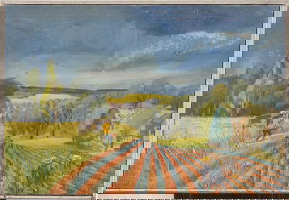 Ervin Nussbaum (1914 - 1996) Modernist Farm Landscape Framed Horse Portrait Original Oil Painting