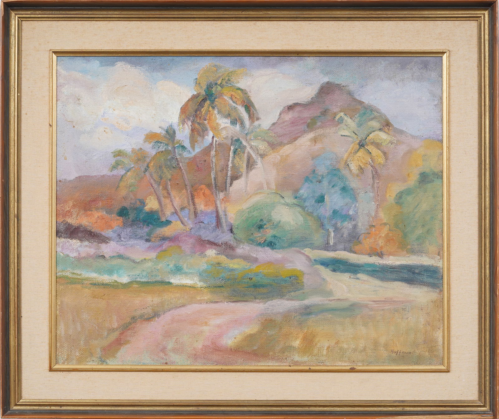 Antique American School Impressionist Landscape Signed Hoffman Palm Tree Tropical Oil Painting: Antique American tropical landscape oil painting. Oil on canvas. Signed. Framed. Measuring: 32 by 38 inches overall, and 24.5 by 30 painting alone. Please see all images for condition. Size is measure