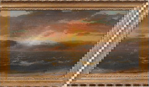Antique American Hudson River School Coastal Sunset Framed Seascape Original Oil Painting