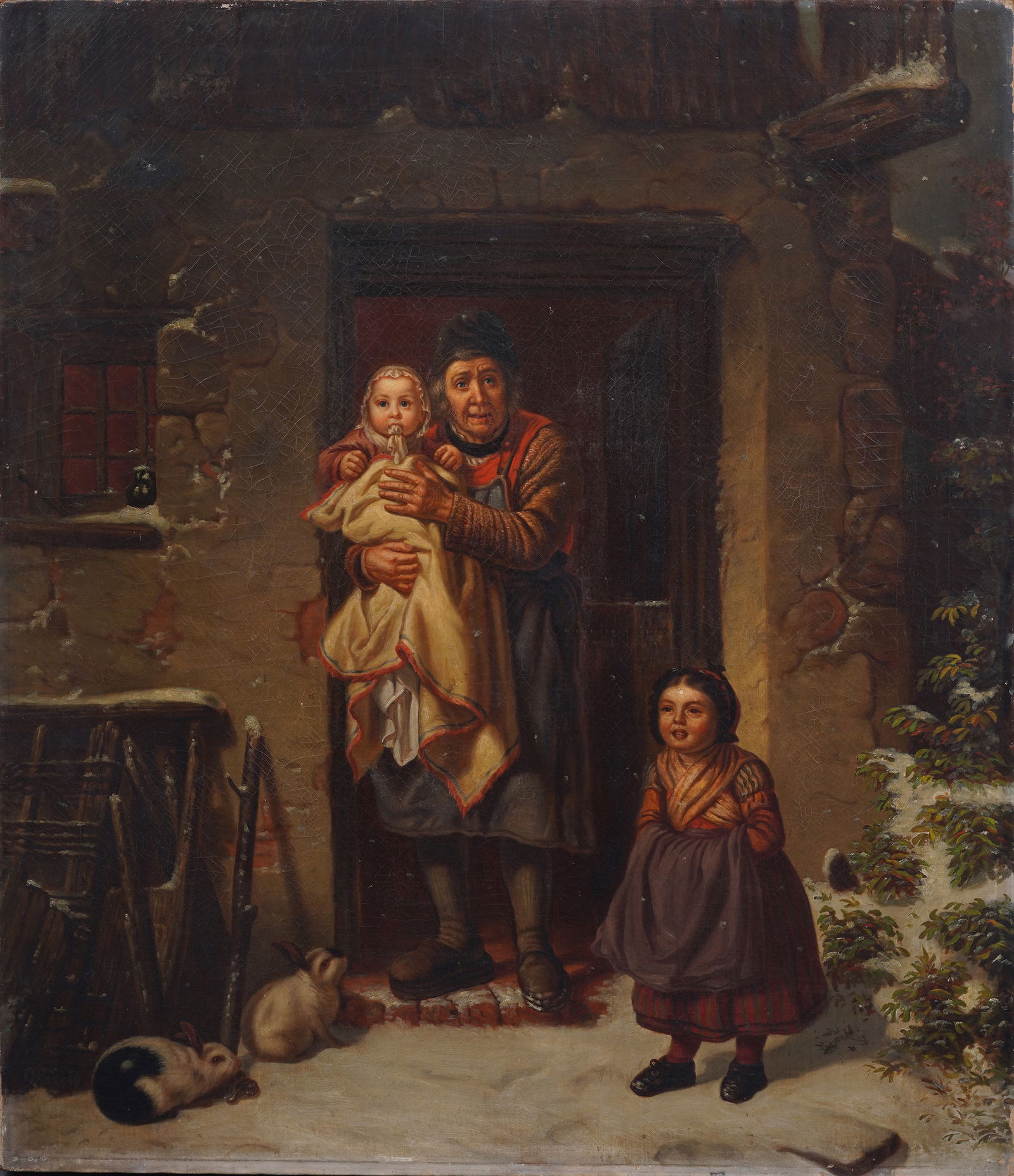 19th C. Continental School Oil on Canvas Winter Genre Scene with Grandmother and Children, Rabbits (1 of 9)