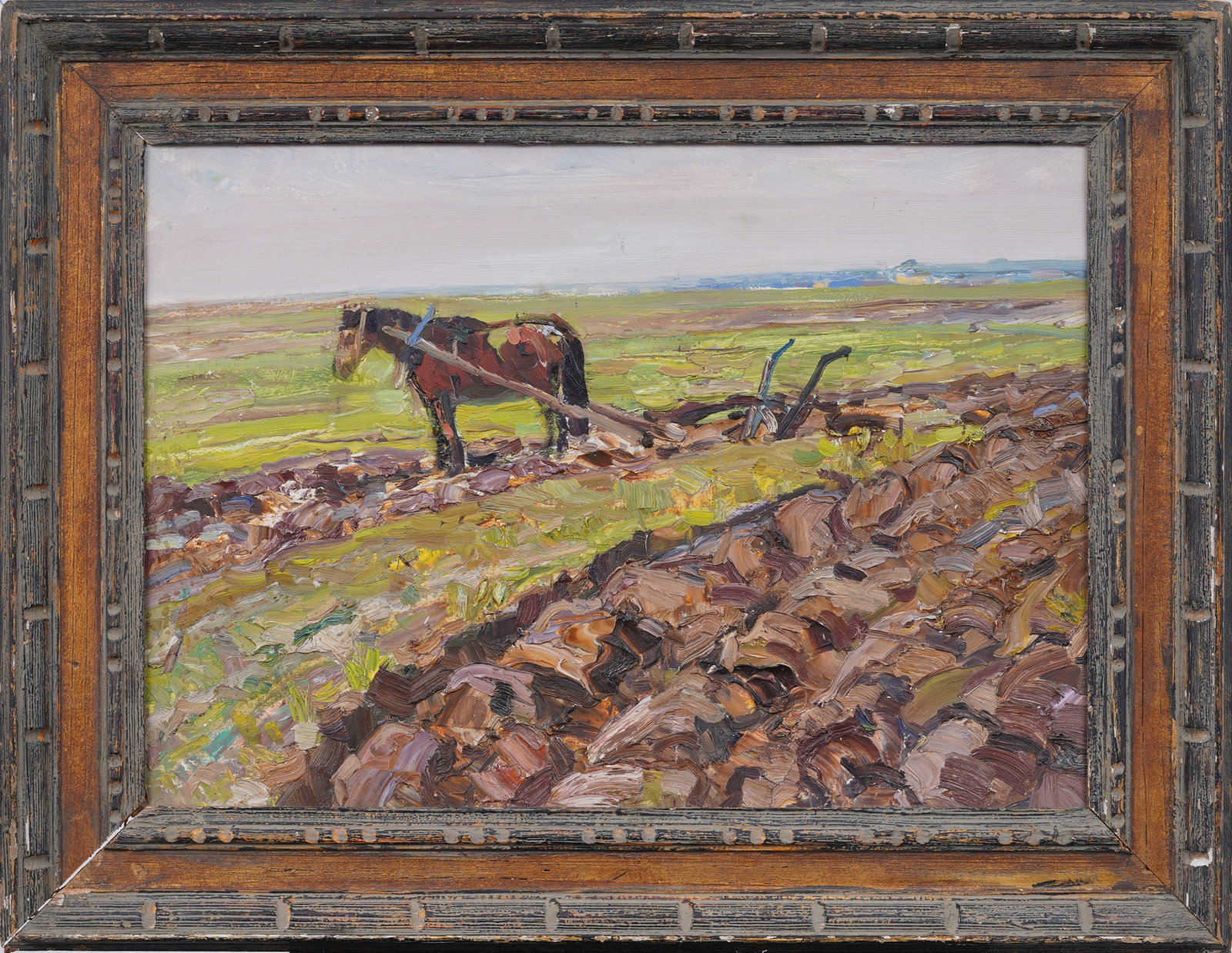Signed Eastern European Impressionist Farmland Framed Horse Portrait Original Oil Painting: Vintage Eastern European impressionist oil painting. Oil on board. Signed. Framed. Measuring: 24 by 31 inches overall, and 17 by 24 painting alone. Please see all images for condition. Size is measure