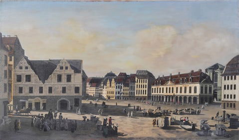 Large Super Detailed European Town Square Bustling Street Scene Panoramic Original Oil Painting