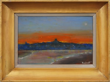 Abraham Pariente (B1962) Vintage Israeli American Modernist Sunset Cityscape Framed Oil Painting