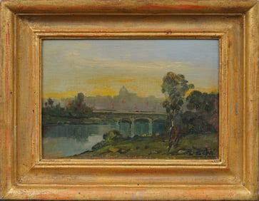 Antique Italian Impressionist Signed Sunset River Cityscape Nicely Framed Original Oil Painting