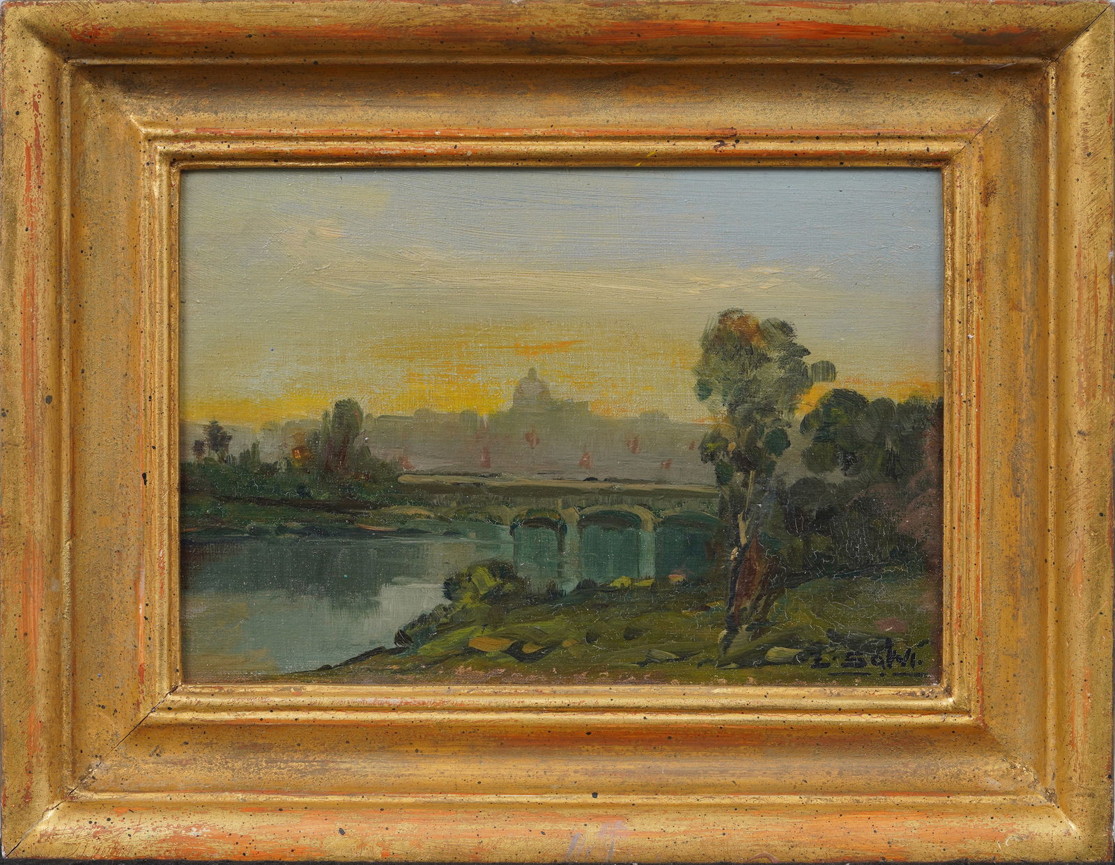 Antique Italian Impressionist Signed Sunset River Cityscape Nicely Framed Original Oil Painting (1 of 6)