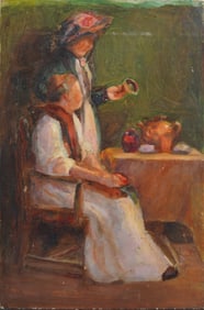 Antique American Interior Scene Original Still Life Oil Painting