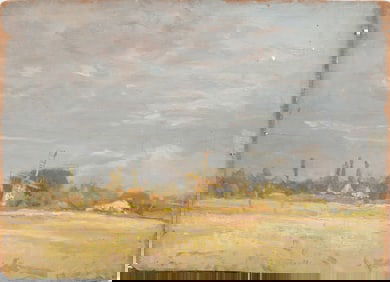 Antique American Impressionist Landscape Figural Original Oil Painting