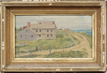 Antique American Nantucket Beach Scene Framed Landscape Original Oil Painting