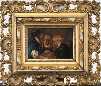 Antique European Impressionist Interior Genre Scene Framed Original Oil Painting on Copper