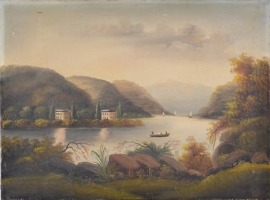 Antique American School Folk Art Hudson River School Landscape Original Oil Painting