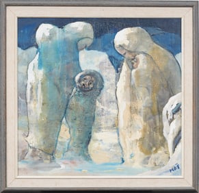 Vintage American or European Modernist Figural Winter Snow Abstract Landscape Original Oil Painting