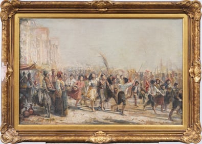 Antique European Bustling Street Scene Framed Impressionist Parade Oil Painting