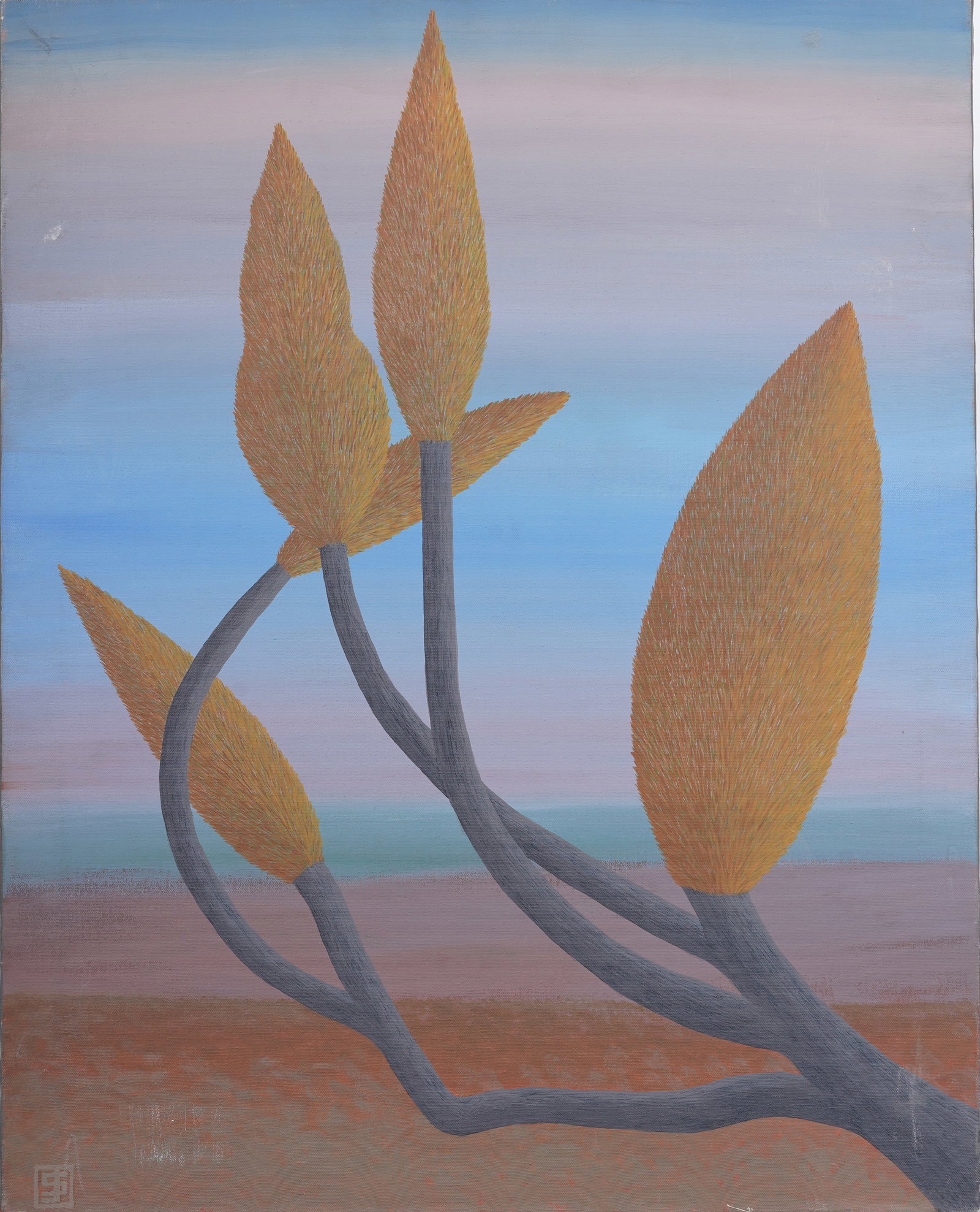 Julius Shaier Signed Vintage American Modernist Moodscape Abstract Original Oil Painting: Vintage American modernist oil painting. Oil on canvas. Signed. Measuring: 30 by 24 inches overall. Please see all images for condition. Size is measured and written on the back of the painting. The f