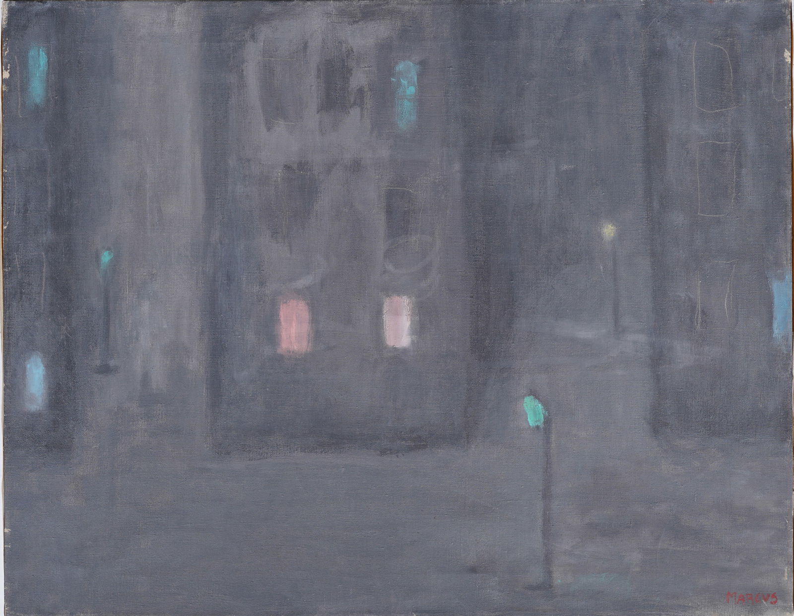 Vintage American Modernist Street Scene Signed "Marcus" Original Oil Painting (1 of 5)